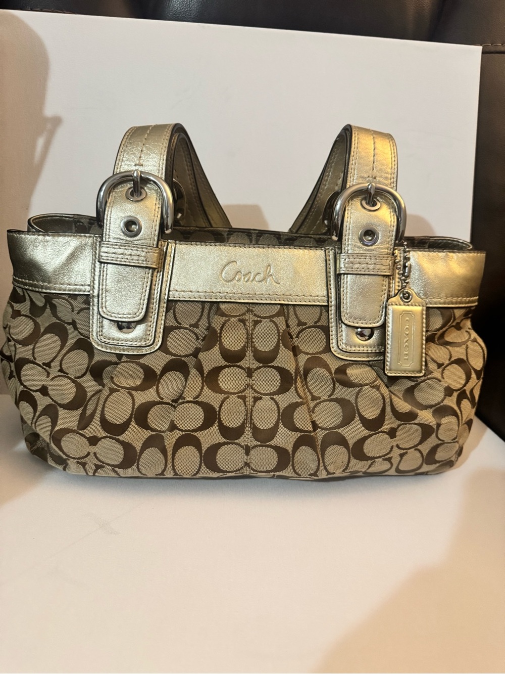 Coach Soho Pleated Signature Shoulder Bag Khaki & Gold Vintage Y2K F13742
